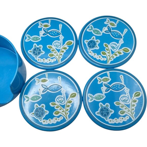 Set Of 4 Vintage Fish & Scuba Diver Blue Ceramic Coasters Holder Ocean Nautical - Picture 4 of 6